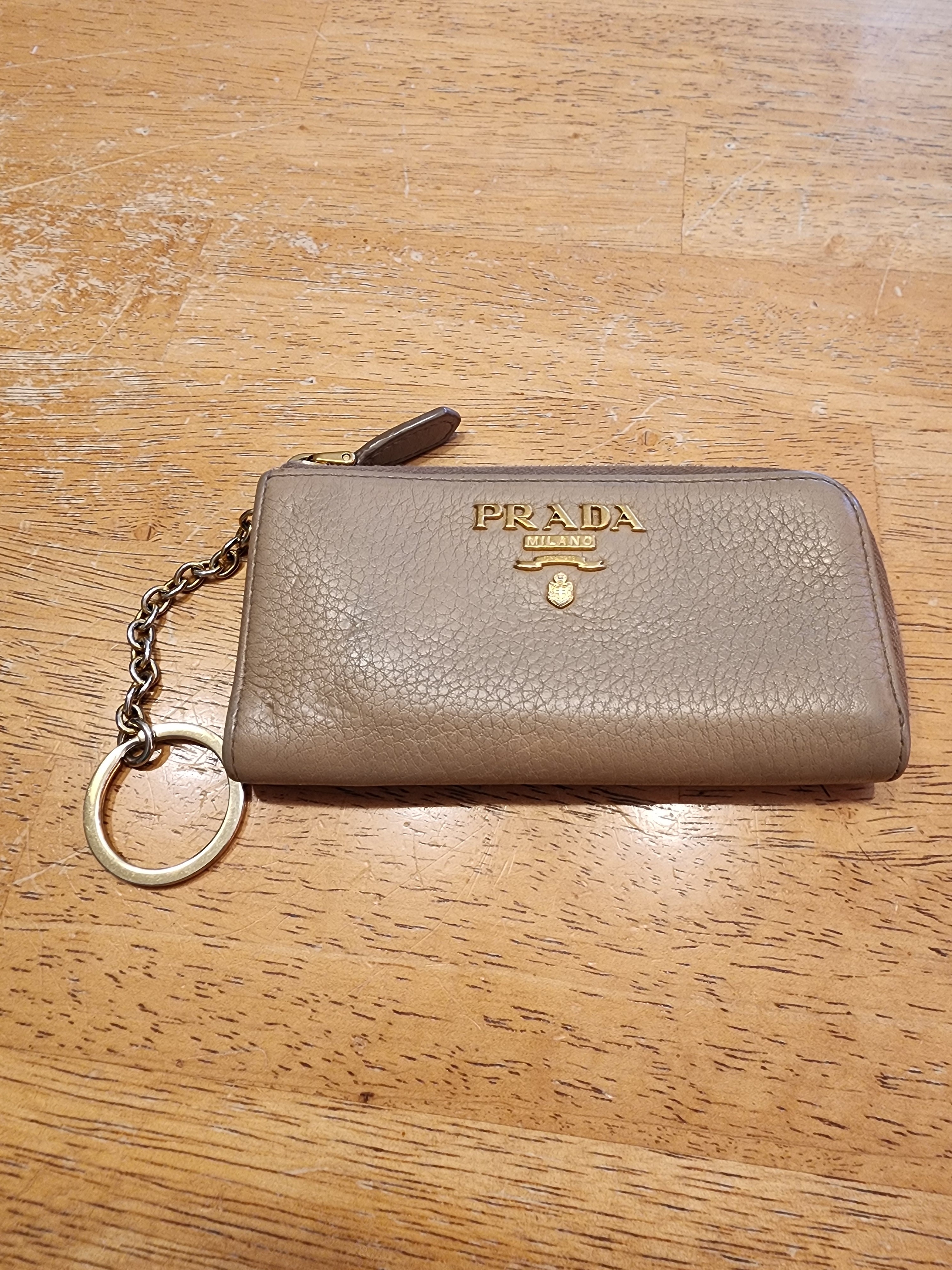Prada Vitello Daino Zip Keychain Wallet Features Argilla Grey Leather